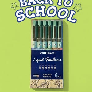 Puede incluir: Un paquete de seis rotuladores de tinta líquida con tapas y barriles de color verde menta. Los bolígrafos están etiquetados con números y la marca "WRITECH". El embalaje incluye el texto "BACK TO SCHOOL" y "WRITECH STATIONERY".
