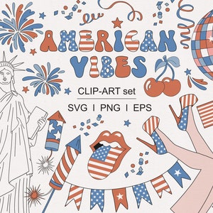 Rétro 4 juillet Fête de l'indépendance Groovy drapeau américain USA png Hippie 4 juillet, cliparts PNG SVG, téléchargements numériques
