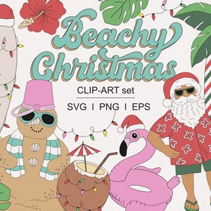 Tropikalna plaża Boże Narodzenie w lipcu Surf Santa Palm Flamingo Koktajl Pierniki Arbuz Choinka clipart zestaw cyfrowy do pobrania