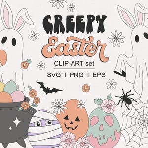 Lindo, espeluznante, pastel gótico, espeluznante, Halloween, Pascua, primavera, conejo, fantasma, esqueleto, calavera, huevos de Pascua, caza, clipart, conjunto PNG SVG, descarga digital