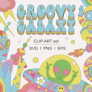 Retro Groovy Espaço Exterior Astronauta Galáxia Extraterrestre Alienígena OVNI Planeta Espaço menina Fantasma clipart conjunto PNG SVG download digital
