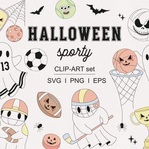 May include: A Halloween-themed clip-art set with sports equipment and spooky characters. Includes a basketball, football, soccer ball, and hockey stick, all with jack-o'-lantern faces. The text "HALLOWEEN sporty" is displayed prominently.