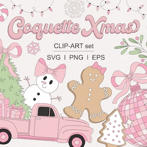 Carino fiocco di Natale rosa con biscotti di pan di zenzero, decorazione per albero di Natale, clipart set PNG SVG download digitale