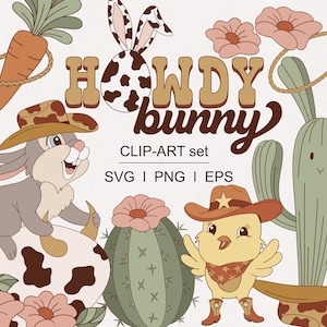Retro Western Howdy Osterhase Cowboy Küken Eier Jagd Rodeo Cartoon Kakteen Kuh Druck Clipart Set PNG SVG digitaler Download
