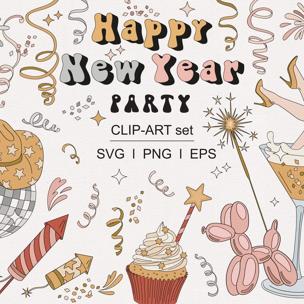 Groovy Gott Nyttårsafton Partyhatt Mask Champagne Konfetti Fyrverkerier Skyrocket Discokula clipart set Individuell PNG SVG digital nedladdning