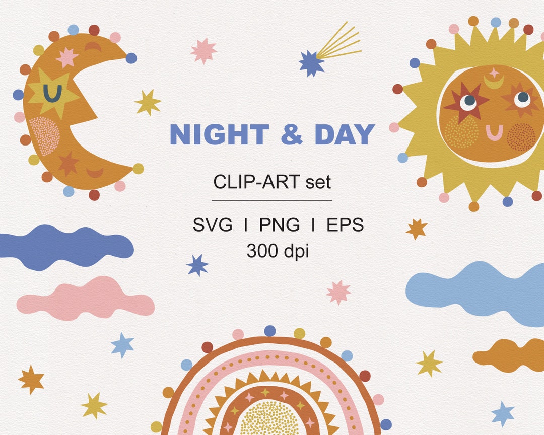 Sun Moon Day Night Match Clipart Set Boho Celestial Rainbow Etsy