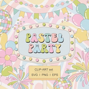 Op de afbeelding: Een digitale illustratie in pastelkleuren met de tekst "PASTEL PARTY" in kleurrijke letters. De afbeelding toont ballonnen, een discobal, bloemen en vuurwerk, allemaal in zachte pastelkleuren. Een banner bovenaan draagt bij aan de feestelijke sfeer.