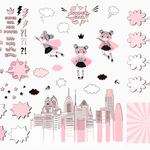 May include: Pink and black illustration of a superhero girl with a cape flying over a city skyline. The image includes various pink and black comic book style elements such as stars, clouds, speech bubbles, and sound effects like "Zap!" and "Boom!"