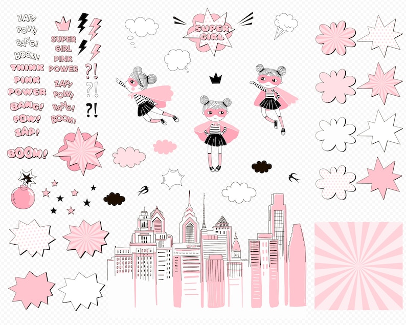 May include: Pink and black illustration of a superhero girl with a cape flying over a city skyline. The image includes various pink and black comic book style elements such as stars, clouds, speech bubbles, and sound effects like "Zap!" and "Boom!"