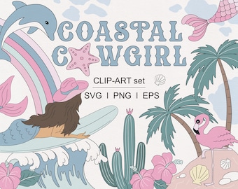 Coastal Cowgirl Ciao Sirena Surf Estate Western Vacanza Spiaggia clipart set PNG SVG download digitale
