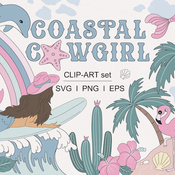 Coastal Cowgirl Howdy Mermaid Surf Summer Western Vacation Beach clipart set PNG SVG digital download