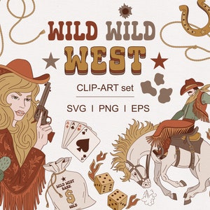 Ensemble de cliparts rétro western rodéo Wild West Country Cowboy Cowgirl chapeau bottes gun saloon whisky poker clipart ensemble téléchargement numérique PNG SVG individuel