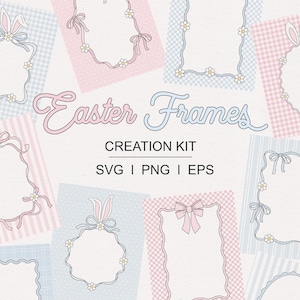 Könnte beinhalten: Eine Sammlung von Osterrahmen in verschiedenen Formen, verziert mit Schleifen, Blumen und Hasenohren. Die Farbpalette umfasst Pastellrosa, Blau und Weiß, mit dem Text "Easter Frames" und "Creation Kit". Die Rahmen sind auf gemusterten Hintergründen angeordnet.