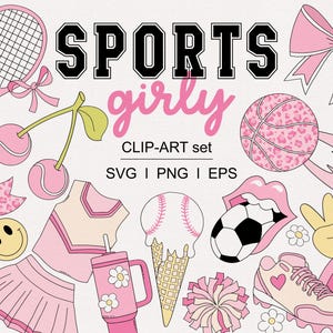 Juego deportivo retro de niña rosa, coqueta, temporada de baloncesto, voleibol, fútbol, béisbol, mamá, niña, clipart, conjunto PNG, SVG, descarga digital