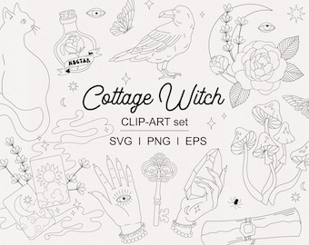 Cottage Witch linear cliparts | Witchcraft Outline graphics | Cottagecore Magic Digital Stamps | Dark Academy Witch  line art SVG PNG EPS