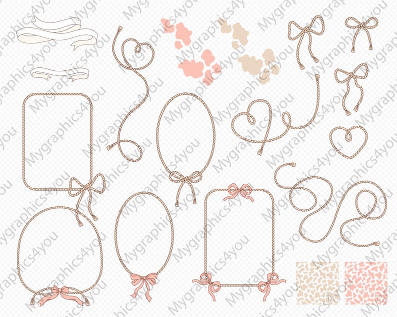 Pu&ograve; includere: Un set di 10 illustrazioni digitali con cornici di corda e fiocchi. Le cornici sono di varie forme, tra cui cerchi, quadrati e ovali. I fiocchi sono rosa e legati con un semplice nodo. Le illustrazioni sono perfette per aggiungere un tocco rustico ai tuoi progetti.
