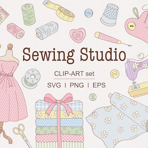 May include: A collection of sewing-themed clip art elements. The image features a pink dress on a mannequin, spools of thread, a sewing machine, fabric rolls, buttons, and the text "Sewing Studio".