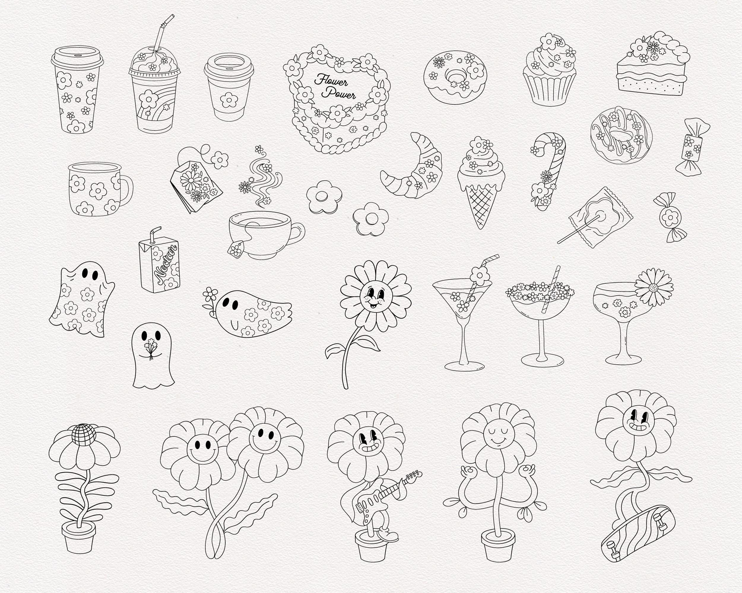 Retro 70s Flower Outline Clipart Set | Groovy Boho Floral Graphics ...
