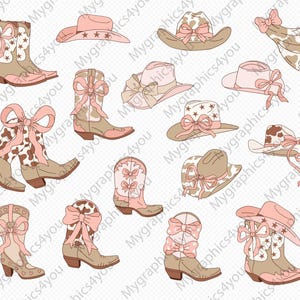 Pu&ograve; includere: Un set di 12 immagini clipart digitali che presentano cappelli e stivali da cowboy rosa e marroni con stampa di mucca e fiocchi rosa. Le immagini sono perfette per progetti di artigianato, scrapbooking e design digitale.
