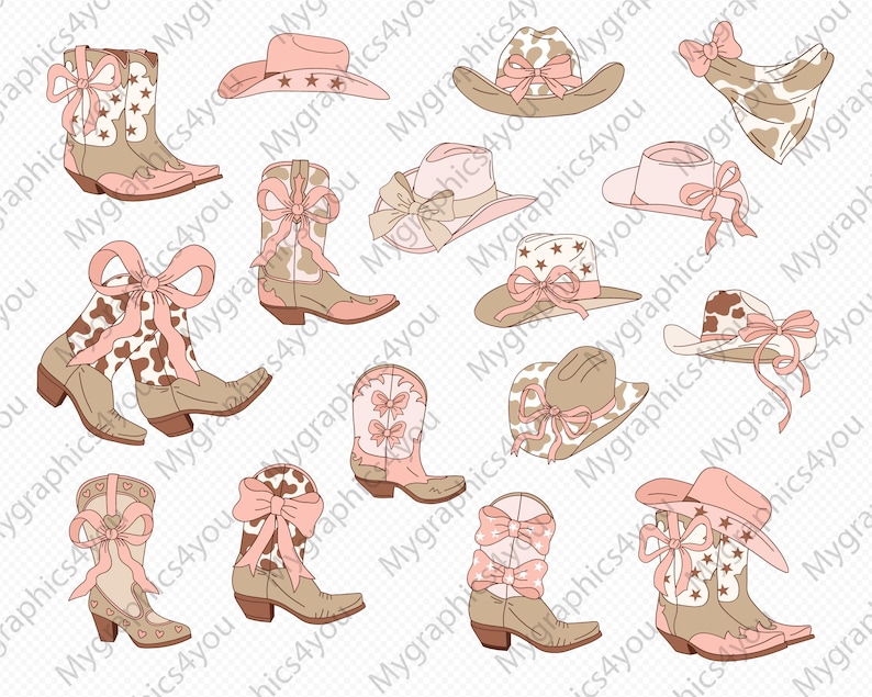 Pu&ograve; includere: Un set di 12 immagini clipart digitali che presentano cappelli e stivali da cowboy rosa e marroni con stampa di mucca e fiocchi rosa. Le immagini sono perfette per progetti di artigianato, scrapbooking e design digitale.
