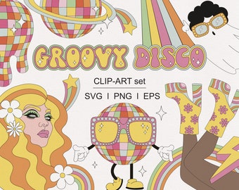 Soirée disco groovy rétro boule disco fille fantôme disco plate-forme bottes lunettes de soleil funky cocktails clipart ensemble PNG SVG