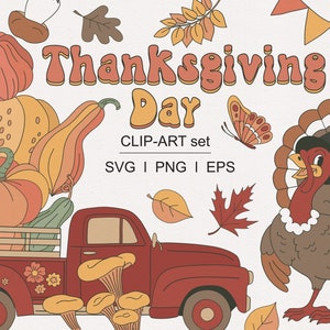 Thanksgiving Day Turquie citrouille tarte Feuilles d'automne Champignons Récolte Boule disco Trucs confortables Ensemble de cliparts floraux PNG SVG en téléchargement numérique