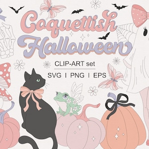 Jolie coquette girly Halloween noeud fantôme sorcière chauve-souris citrouille chat noir godille grenouille clipart ensemble PNG SVG