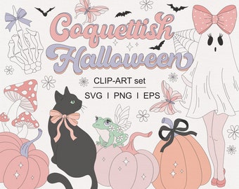 かわいいガーリーなコケットハロウィンの弓、ゴースト、魔女、コウモリ、カボチャ、黒猫、スカル、カエルのクリップアートセットPNG、SVGデジタルダウンロード