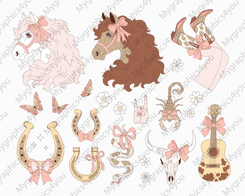 Pu&ograve; includere: Un set di illustrazioni a tema western con cavalli, farfalle, scorpioni, ferri di cavallo, un serpente, un teschio, una chitarra e fiori. Le illustrazioni sono in stile cartone animato e presentano colori rosa e marroni.
