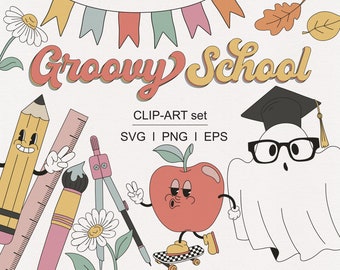 Retro Groovy School Graduation Education Teacher Books Alphabet Ghost School bus Dino Pencil Apple ABC clipart set PNG SVG digital download