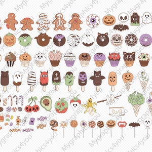 Des bonbons ou un sort d'Halloween Bonbons à la menthe Biscuit de pain d'épice Donut Cupcake Crème glacée boisson Fast food clipart ensemble PNG SVG image 2