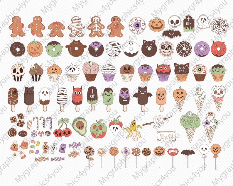 Des bonbons ou un sort d'Halloween Bonbons à la menthe Biscuit de pain d'épice Donut Cupcake Crème glacée boisson Fast food clipart ensemble PNG SVG image 2