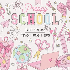 Coquette BCBG rose Clipart pour la rentrée – Ensemble PNG de fournitures scolaires pour filles avec noeud crayon pour enseignants, élèves, agendas et décoration de salle de classe
