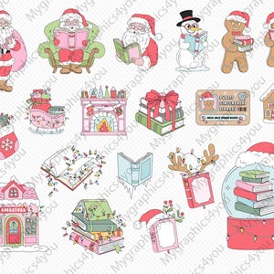 May include: A set of digital clipart featuring a variety of Christmas-themed illustrations, including Santa Claus, a snowman, gingerbread people, a gingerbread house, a fireplace, a stocking, a stack of books, and a snow globe. The illustrations are all in a cartoon style and feature bright colors.