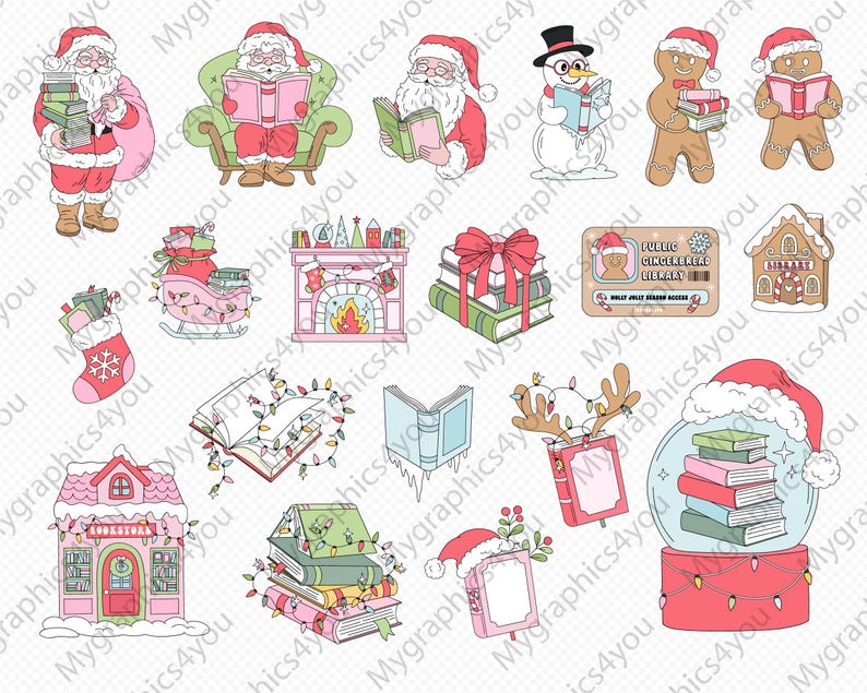 May include: A set of digital clipart featuring a variety of Christmas-themed illustrations, including Santa Claus, a snowman, gingerbread people, a gingerbread house, a fireplace, a stocking, a stack of books, and a snow globe. The illustrations are all in a cartoon style and feature bright colors.