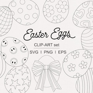 Puede incluir: Conjunto de imágenes prediseñadas en blanco y negro de huevos de Pascua con varios diseños, incluyendo puntos, flores, corazones, estrellas y caras sonrientes. El texto "Easter Eggs" se muestra encima del texto "CLIP-ART set SVG I PNG I EPS".