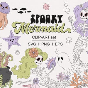 May include: Spooky Mermaid clip art set featuring a purple and orange jellyfish, a purple starfish, a skeleton mermaid with a purple tail, a ghost, a cauldron, and coral. The text "Spooky Mermaid" is in black and white.