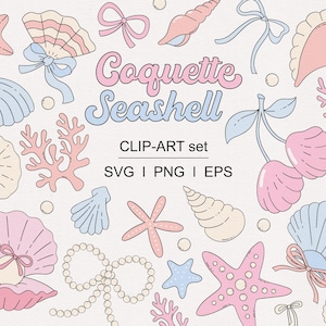 Coquette rétro Boho coquillage Bow Clipart - PNG d'été côtier pastel, esthétique pêcheur preppy, sticker numérique jolie plage filles voyage