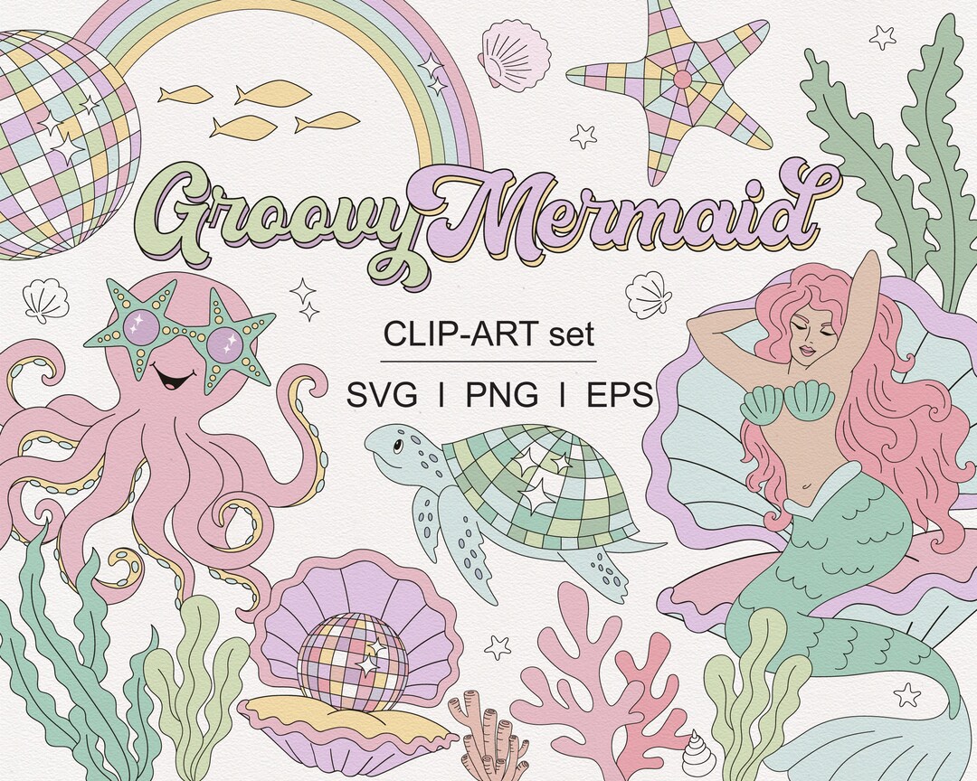 Retro Groovy Mermaid Turtle Octopus Jellyfish Shark Crab Shells ...