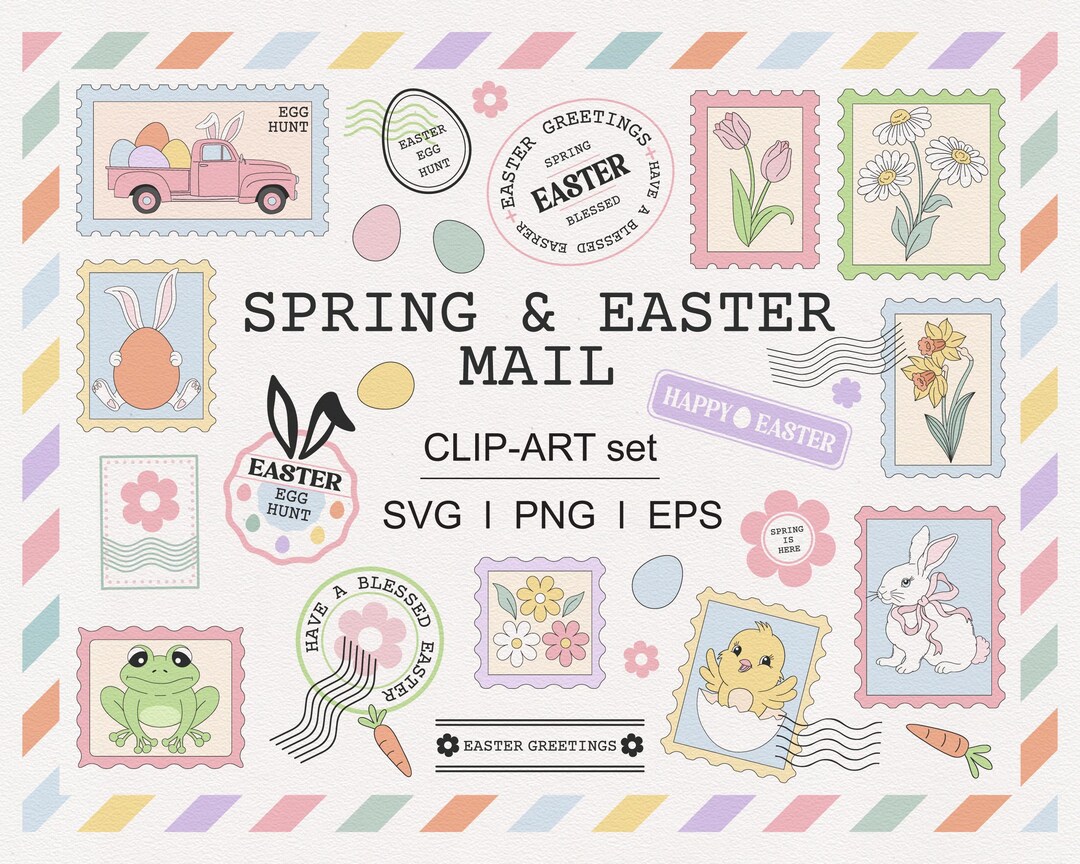 Spring Mail Stamp Easter Postage Stamp Clipart | Spring Mail & Easter Stamps | Vintage ...