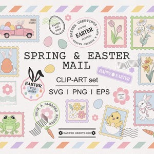 Påskfrimärke Clipart | Vårpost och påskfrimärken | Vintage pastellpostkit