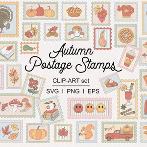 Pode incluir: Uma coleção de selos postais em estilo vintage com temas de outono. Os selos apresentam ilustrações de abóboras, um peru, torta, folhas, cogumelos e uma caminhonete vermelha. O texto "Autumn Postage Stamps" está presente.