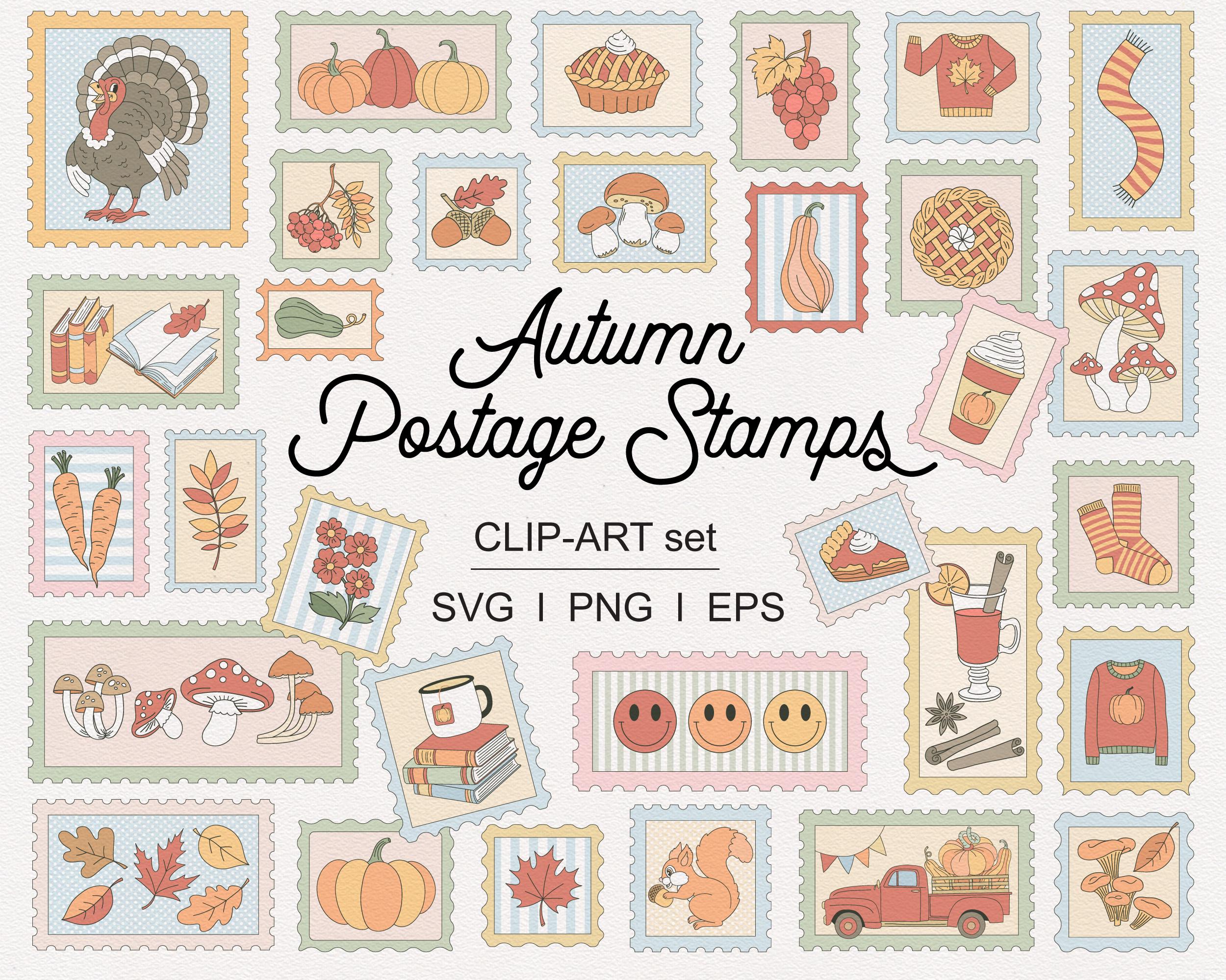Autumn Postage Stamps Clipart Set, Cozy Fall Mail Art, Pumpkin Leaves ...