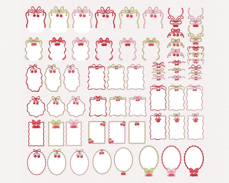 Op de afbeelding: Een verzameling decoratieve digitale frames en versieringen in verschillende vormen, waaronder ovaal, rechthoekig en met geschulpte randen. De ontwerpen bevatten kersmotieven, strikken en linten in tinten rood, roze en groen, perfect voor knutselprojecten.