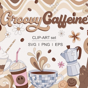 May include: Groovy Caffeine clip art set with illustrations of coffee, a coffee pot, a peace sign, and flowers in a retro 70s style. The text Groovy Caffeine is in a retro font.