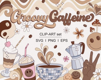 May include: Groovy Caffeine clip art set with illustrations of coffee, a coffee pot, a peace sign, and flowers in a retro 70s style. The text Groovy Caffeine is in a retro font.