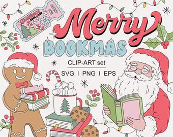 May include: A digital clip art set with a Christmas theme featuring a gingerbread person holding books, Santa Claus reading a book, a mug of hot chocolate with marshmallows, and a ticket that says "Christmas Book Club". The text "Merry Bookmas" is in large, stylized letters. The text "CLIP-ART set SVG I PNG I EPS" is also included.
