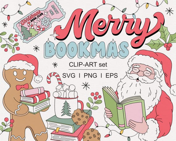 Retro Bookish Christmas Cozy Reader Gingerbread Library Reading Santa Book Lover Club clipart sublimation set PNG SVG digital download