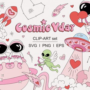 Espacio exterior cósmico Día de San Valentín Astronauta Galaxia Extraterrestre Alien OVNI Amor Planeta Cohete clipart set PNG SVG descarga digital