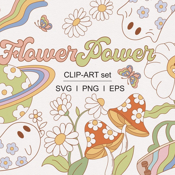 Groovy Retro Flower Power Hippie florals Flower cartoon Floral ghost Flower bouquet clipart set PNG SVG digital download